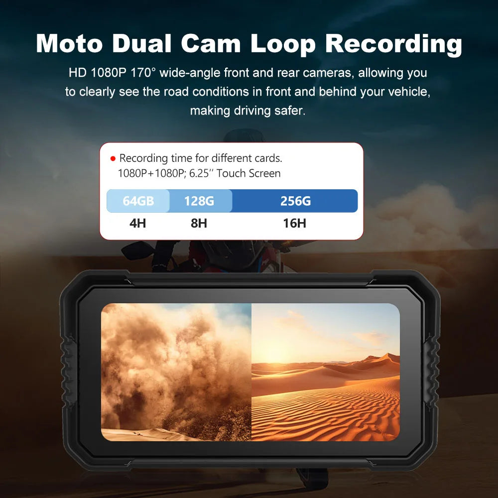 BEPOCAM 5"/6.25" Motorcycle GPS Navigation DVR Carplay Screen for Moto Dual Cameras Drive Recorder IPX7 Waterproof Moto Monitor