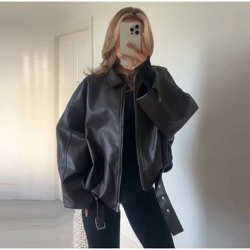 Vintage PU Leather Bomber Jackets 2025 Autumn New Ladies Zipper Lapel Long Sleeve Pocket Coat With Belt Women's Loose Streetwear