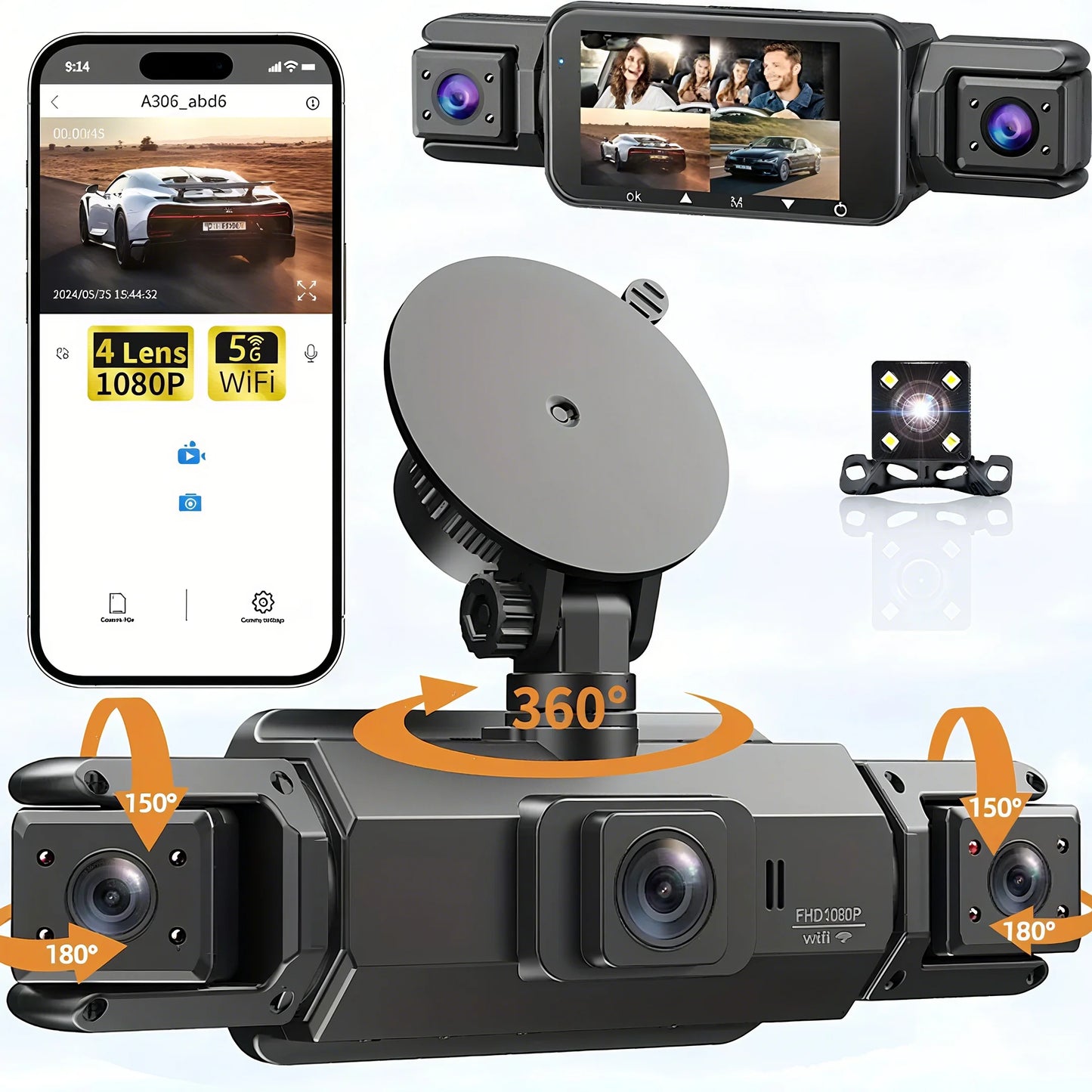 dashcam 4 channels wifi car dvr dashboard cameras for car way back box parking mode 24h front and rear interior 360 dash cam