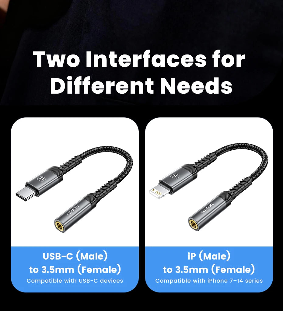 Toocki iP/USB Type C to 3.5mm Jack HiFi Audio Dongle Cable Adapter Male to Female Headphone AUX Converter for Xiaomi POCO iPhone
