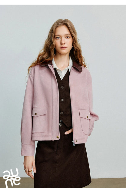TOYOUTH Women Jacket coat 2025 Autumn New Vingtage Barn Style Suede Leather Patchwork Collar Jacket Brown