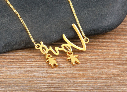 Nidin Exquisite Gold Plated Mom Daughter Necklace Girl Boy Pendant Chain Choker Cubic Zirconia Jewelry Mother's Day Gift