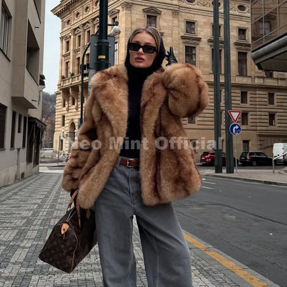 Neo Mint Luxury Brand Fashion Women Yellow Striped Faux Fur Jacket Coat Chic Girls 2025 Winter Oversized Warm Outerwear Overcoat