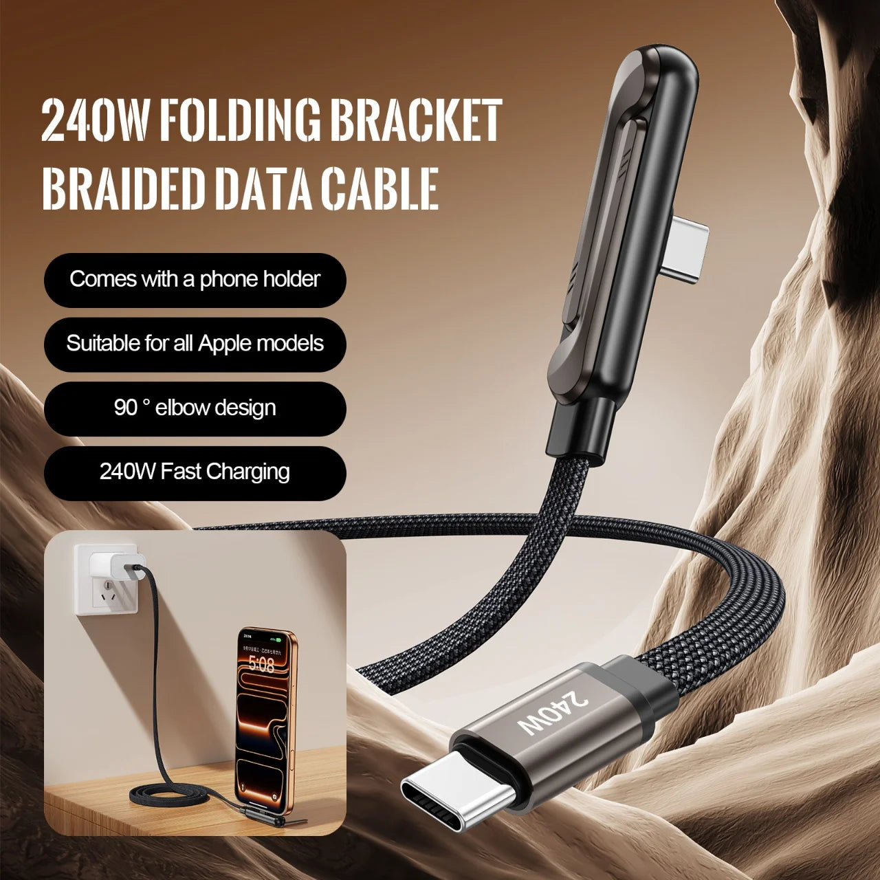 1/3PCS 240W PD Fast Charging Type C to Type C Cable USB C to Type C Cable Foldable Stand Phone Holder For iPhone 15 HUAWEI Xiaom