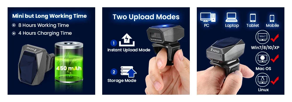 Eyoyo EY-016 Finger Ring Barcode Scanner Mini Wearable 3-in-1 USB Wired & 2.4G Wireless QR Reader for Store Warehouse Scanning