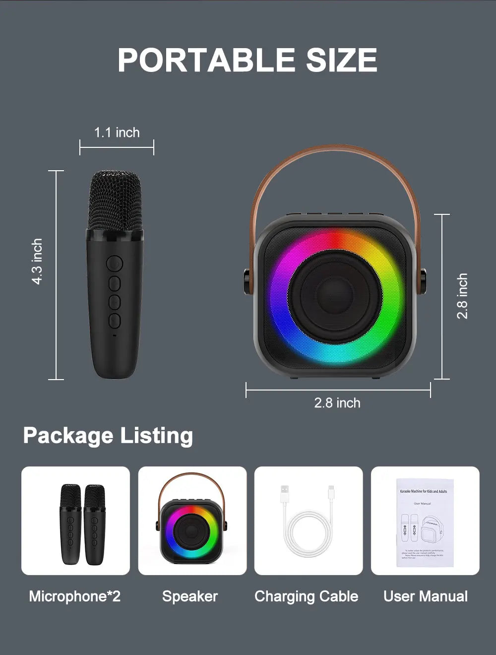 Haomuren Portable Karaoke Machine with Wireless 1 or 2 Microphone Mini Bluetooth Speaker for Children Singing Family Party Gift