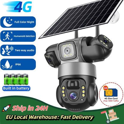 Solar Camera 4G Sim Outdoor 3 Lens 3 Screen 10X Zoom PIR Human Detect Cameras Waterproof Night Vision CCTV Security Protection