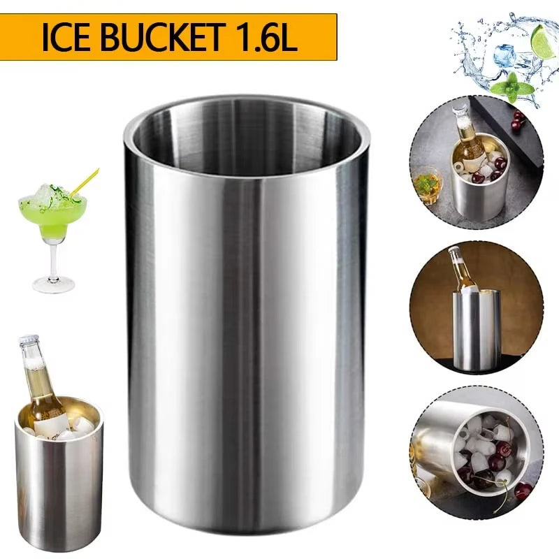 1600ML Ice Bucket- Double Stainless Steel Insulated Durable Portable Summer Drinks Champagne Beer for Outdoor Picnics Bar Events