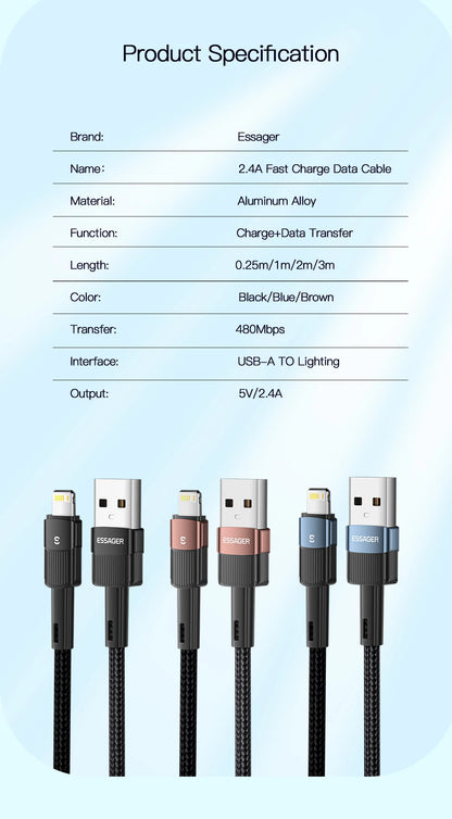 Essager Fast Charging For iPhone Usb Cable 11 12 13 Pro Max Mini Xs Xr X SE 8 7 6 Plus 6s 5 5s 2.4A Wire For iPhone Charger Cord