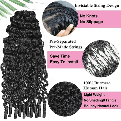 Burmese Curly Crochet Human Hair Pre Looped Deep Wave Human Hair Crochet Miracle Knots Feathered Human Crochet Hair Extensions