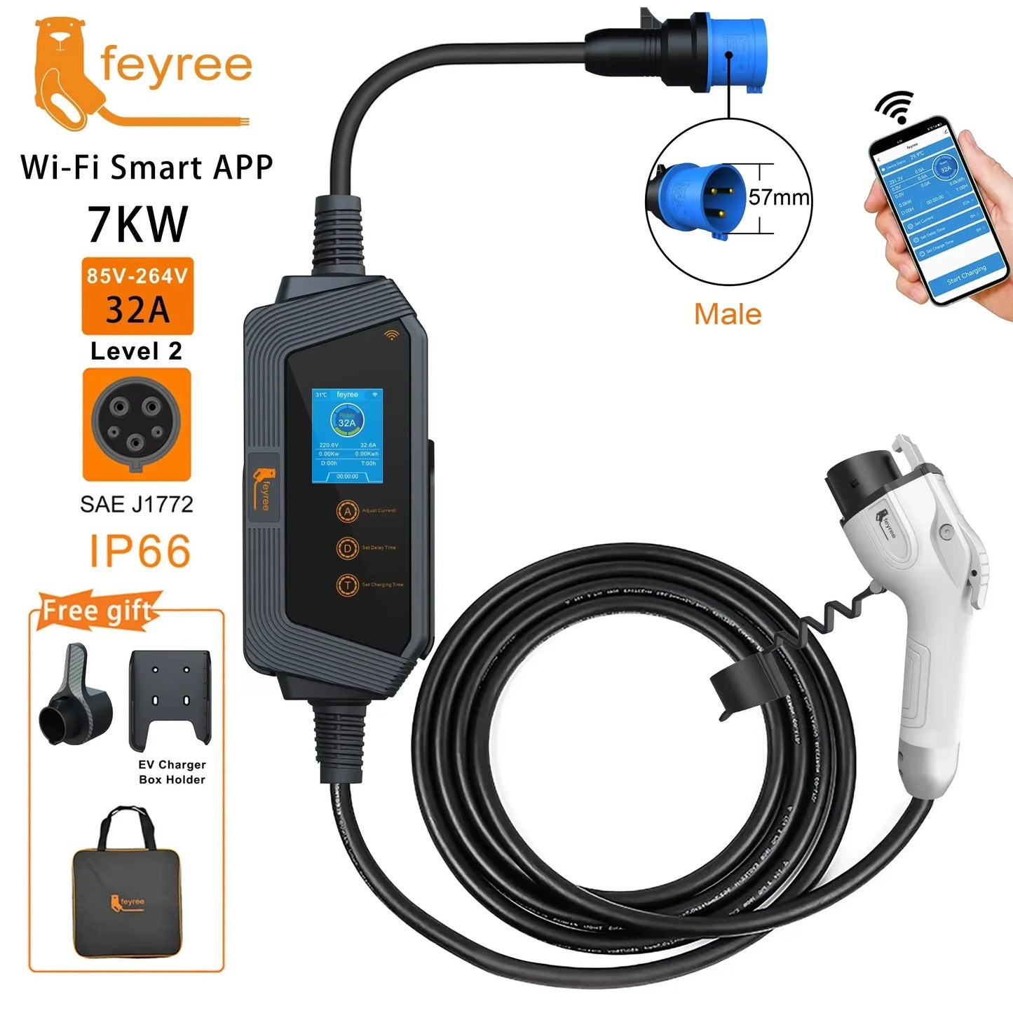 feyree Type2 / Type1 / GBT / TS-NACS Socket 32A 7KW 1 Phase Smart APP Wi-Fi Control for Home & Outdoor Use