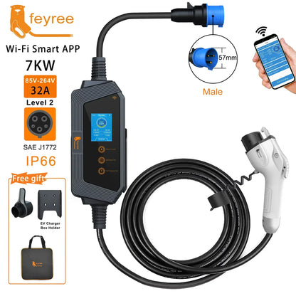 feyree Type2 / Type1 / GBT / TS-NACS Socket 32A 7KW 1 Phase Smart APP Wi-Fi Control for Home & Outdoor Use