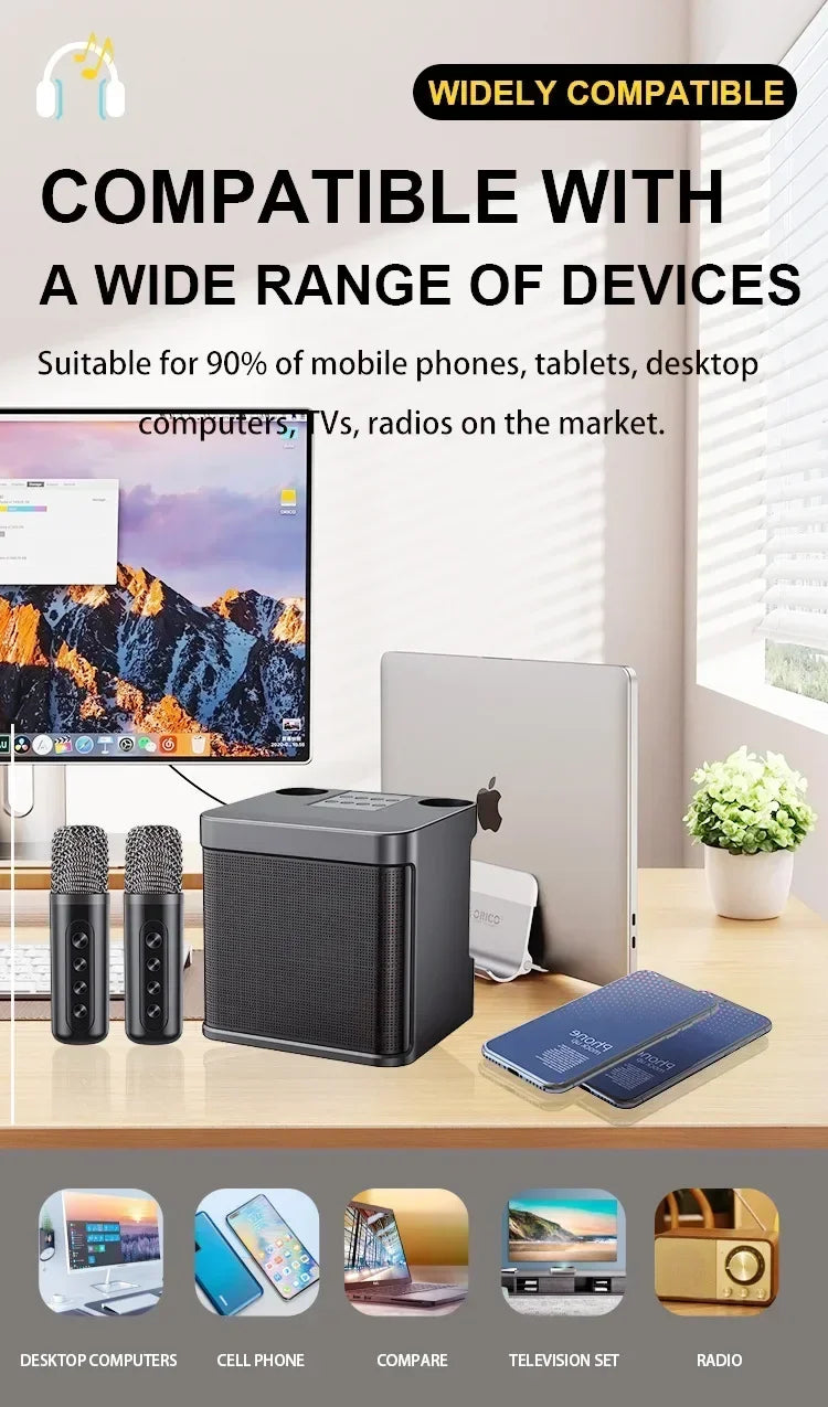 Karaoke Machine With 2 Wireless Dual Microphones Portable Boombox AUX TF Card U Disk Player Voice Changer For Party