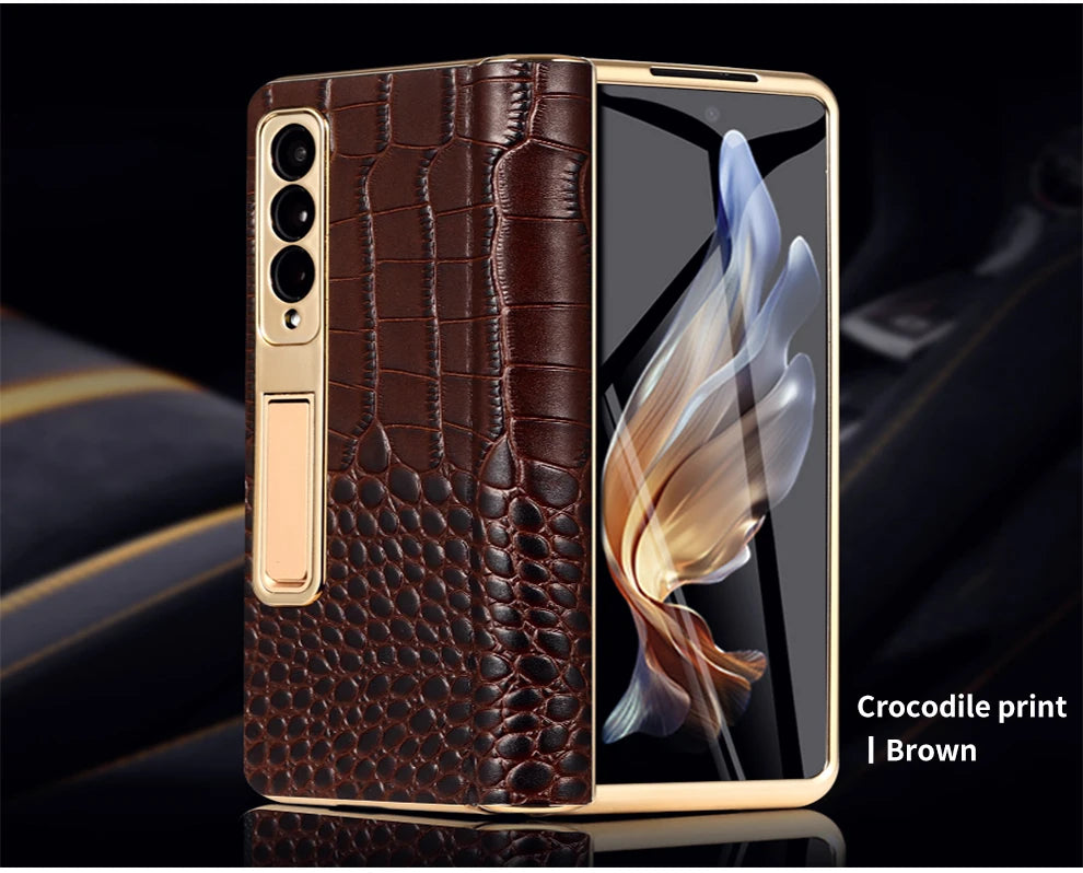 LANGSIDI Leather Case for Samsung Galaxy Z Fold 6 5 4 3 Fold6 Fold5 Gold Plating Magnetic Hinge Stand Cover with Mirror Film