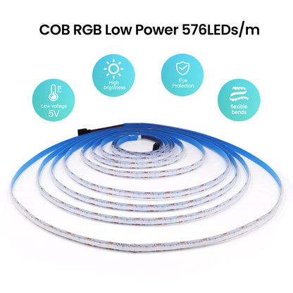 5V USB RGB COB LED Strip Light Bluetooth APP Control Music Sync 576LEDs/m High Density Flexible Ribbon RGB Tape TV Backlight