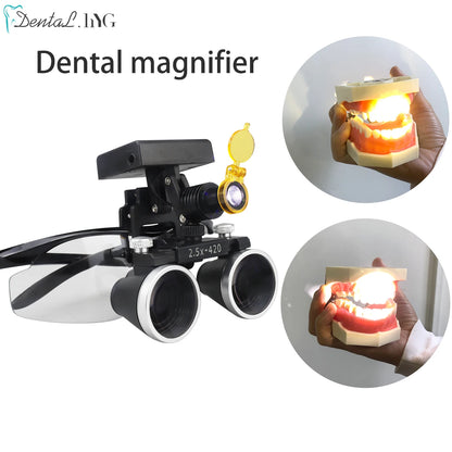 2.5X/3.5X 420mm Dental Loupe Magnifier Binocular Magnifier Surgery Surgical Operation Loupe with Spotlight Head Light 5W LED