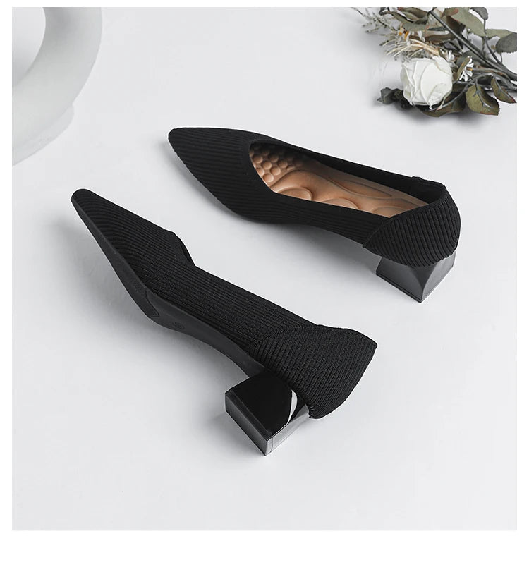 2025 New Women's High Heels Large 42/43 Fashion Pointed Anti slip Rubber Bottom Knitted Breathable Shoes