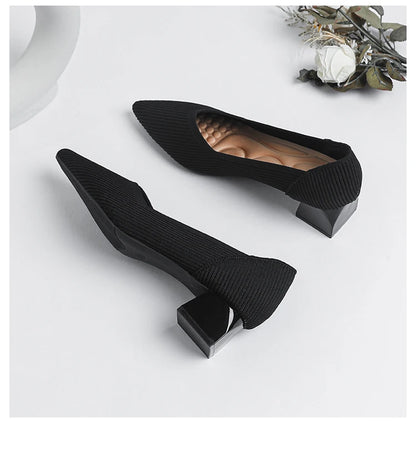 2025 New Women's High Heels Large 42/43 Fashion Pointed Anti slip Rubber Bottom Knitted Breathable Shoes