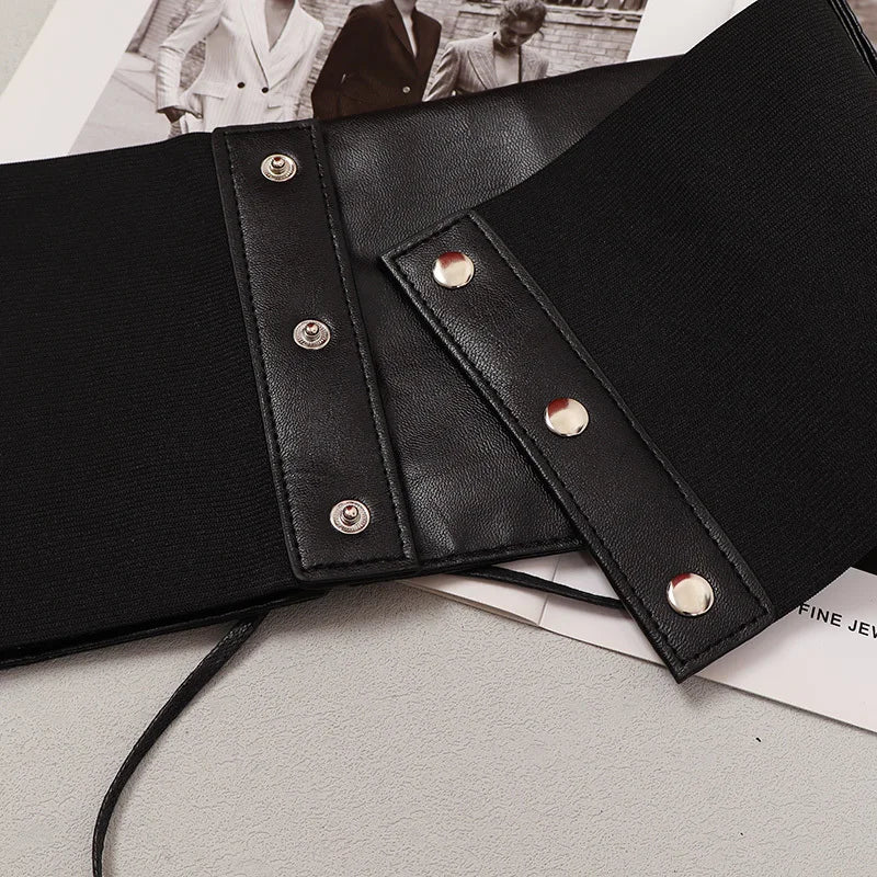 [EAM] Pu Leather Black Bandage Wide Elastic Belt Personality Women New Fashion Tide All-match Spring Autumn 2026 1DH8687