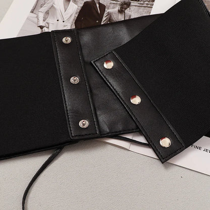 [EAM] Pu Leather Black Bandage Wide Elastic Belt Personality Women New Fashion Tide All-match Spring Autumn 2026 1DH8687