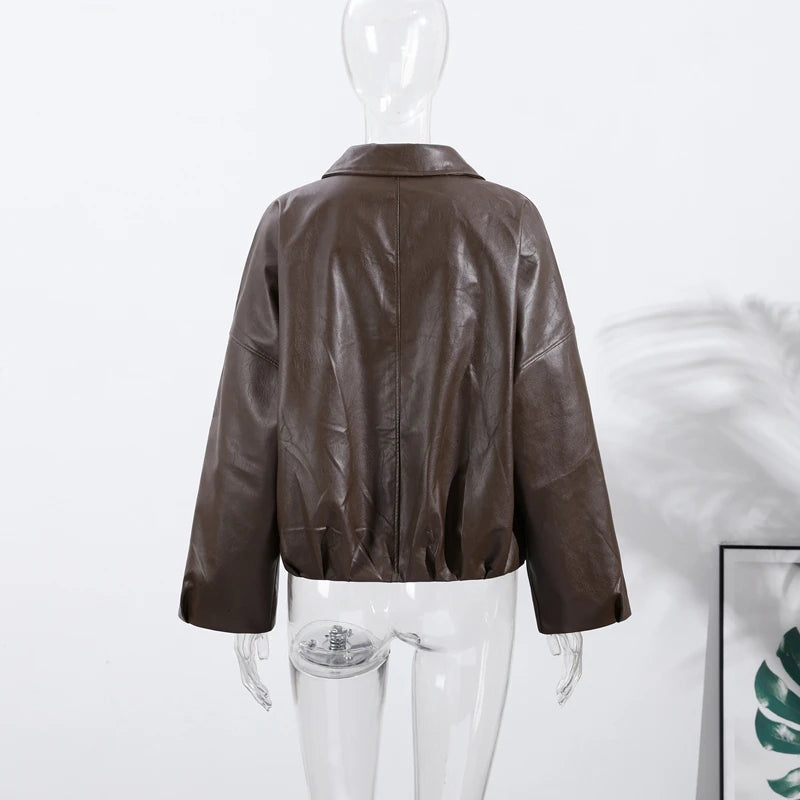 Vintage PU Leather Bomber Jackets 2025 Autumn New Ladies Zipper Lapel Long Sleeve Pocket Coat With Belt Women's Loose Streetwear