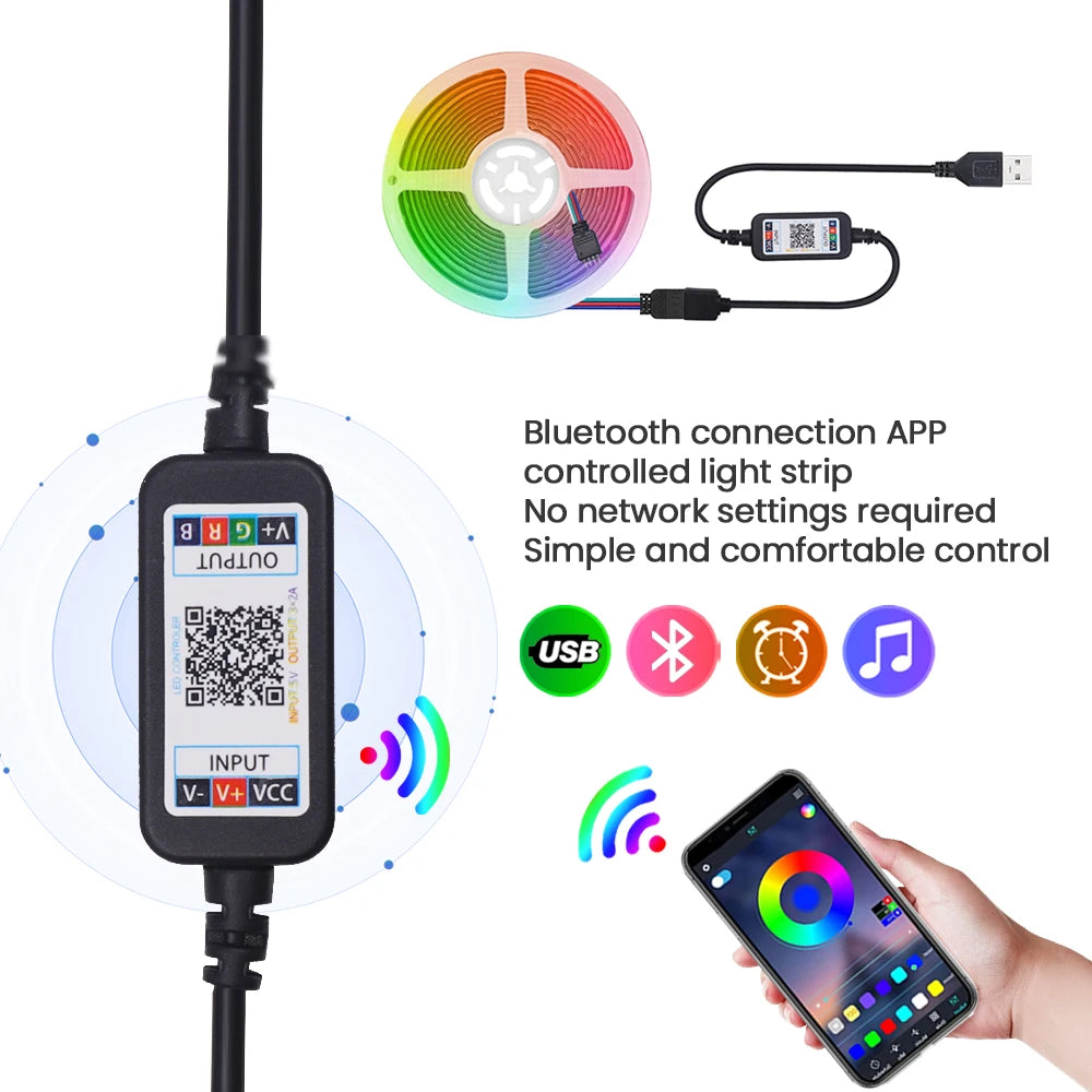 5V USB RGB COB LED Strip Light Bluetooth APP Control Music Sync 576LEDs/m High Density Flexible Ribbon RGB Tape TV Backlight