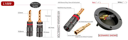 20pcs/10pairs BANANA PLUGS 24K Gold-plated 4MM Banana Connector with Screw Lock For Audio Jack Speaker Plugs Black&Red