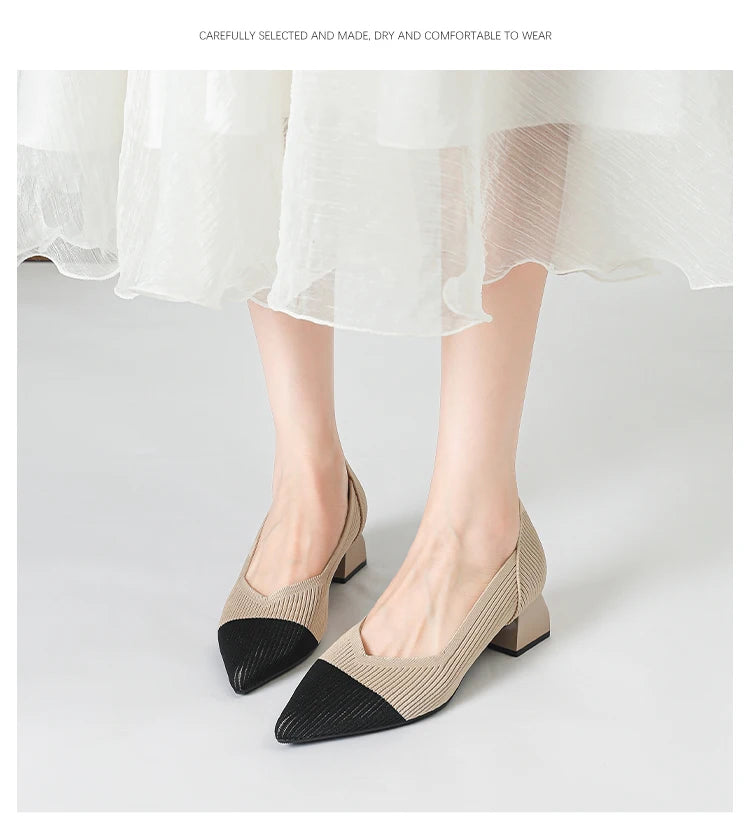 2025 New Women's High Heels Large 42/43 Fashion Pointed Anti slip Rubber Bottom Knitted Breathable Shoes