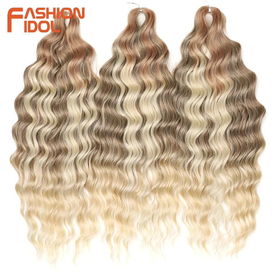 FASHION IDOL 24Inch Crochet Hair Synthetic Water Wave Braiding Hair Extensions Ombre Rainbow color Fake Hair Deep Wave Curl Hair
