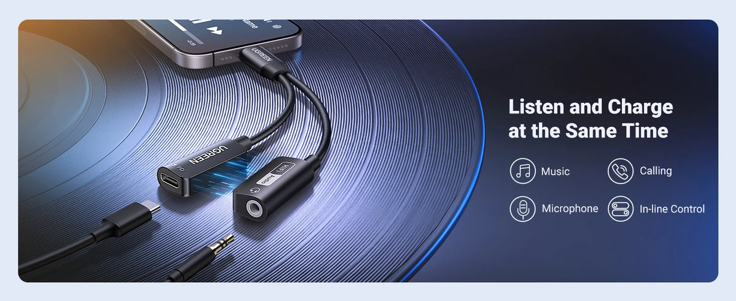 UGREEN USB Sound Card Type C to 3.5mm AUX Cable Adapter Earphone Converter DAC Chip PD QC Charging Sound Card for Headset