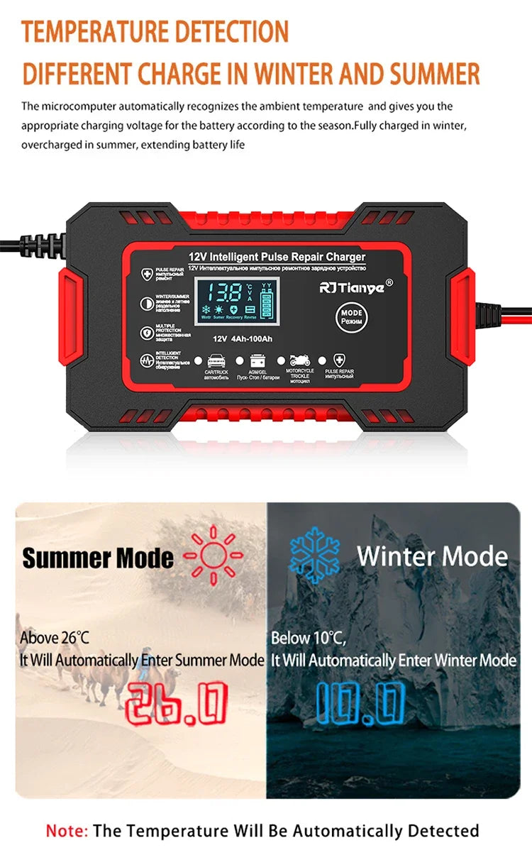 EAFC 12V 6A Full Automatic Car Battery Charger Digital Display Battery Charger Power Puls Repair Chargers Wet Dry Lead Acid