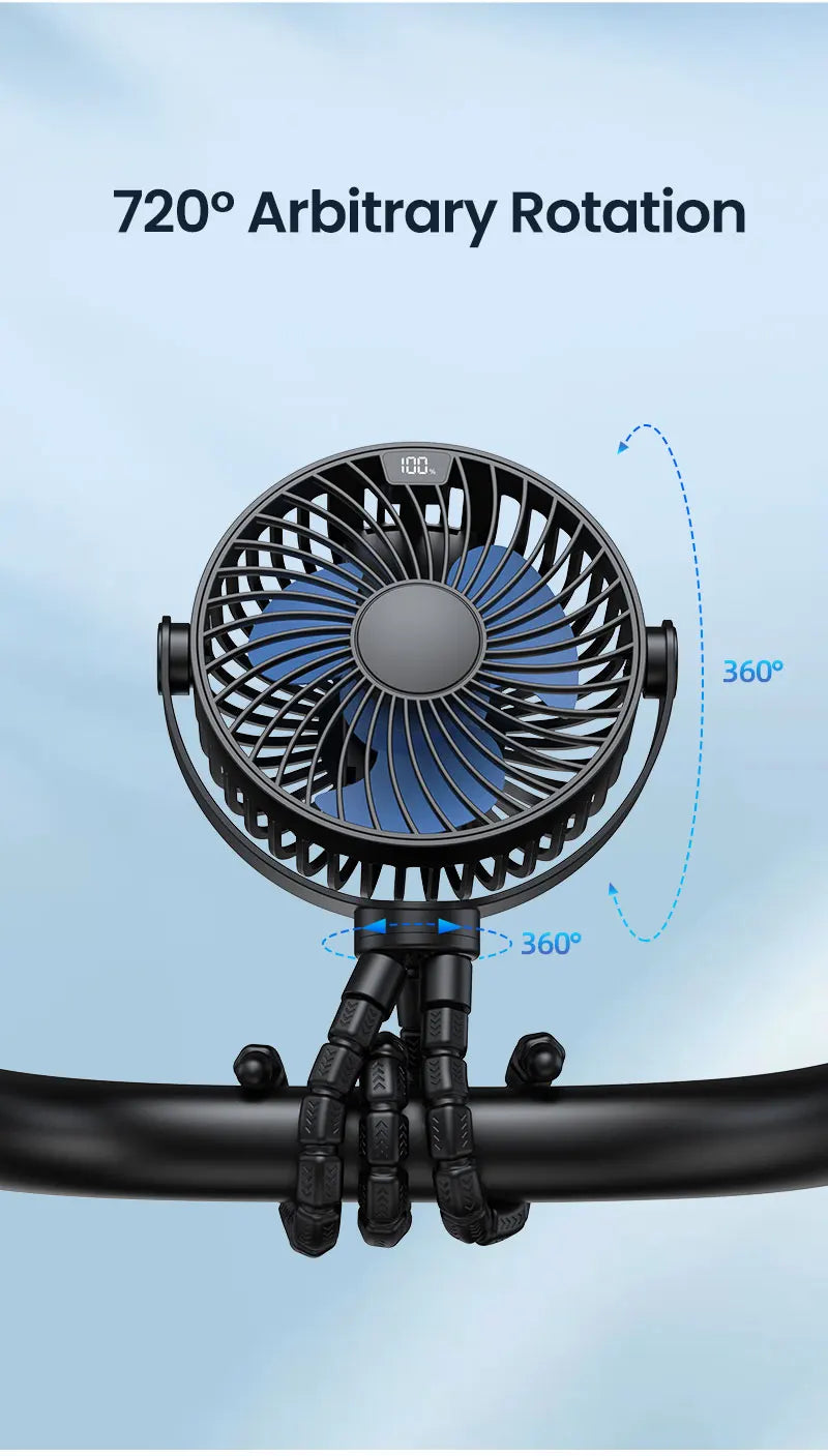 TOPK 5000mah Stroller Portable Mini Fan USB Rechargeable Outdoor Electric Fan 4 gear Speed 360°Degree Rotata & Digital Display