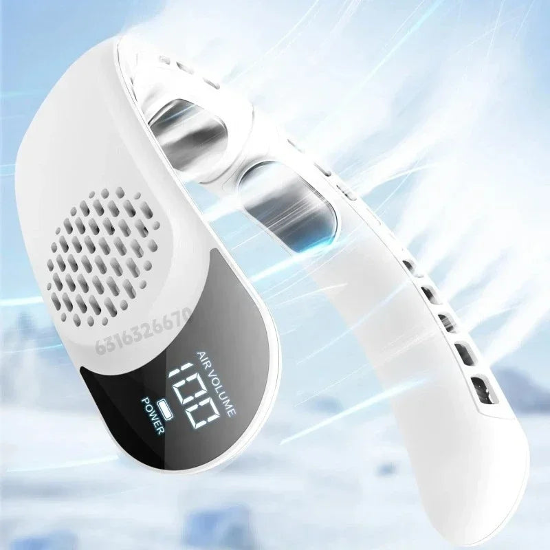 4000mAh Leafless Portable Neck Fan Turbine Vaneless Design 3 Gears Super Strong Wind Fast Cooling Digital Display for Outdoor