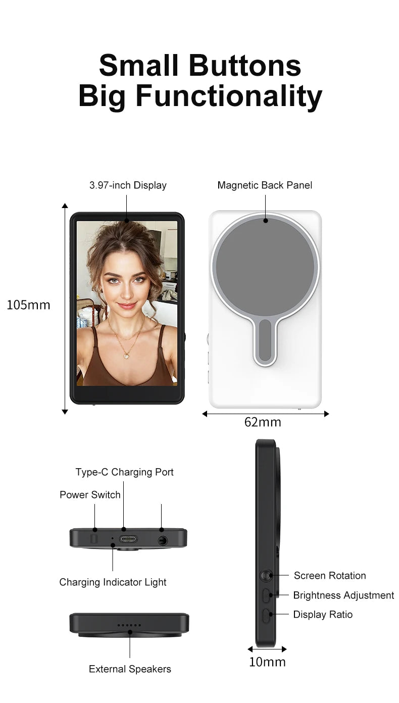 Magnetic Phone Monitor - Real-Time Selfie/Rear Cam - 4K Streaming Assistant - Wide Angle - Fits Most Phones