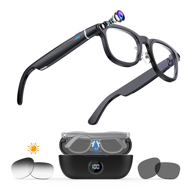 [Valentine'S Day] Coucur 2026 New G1-AI 4K Smart Camera Glasses with 6-Axis Stabilization AI Photo Recognition, Real-Time Translation & Charging Case, ENC Noise Reduction for Bluetooth Calls,Stylish Travel Accessory-2 Pairs of Interchangeable Lenses