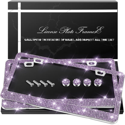 QUANQIUFEI 2 Pack Bling License Plate Frames, Sparkly Rhinestone Diamond Car License Plate Cover for Women, Stainless Steel Car Accessories with Glitter Crystal Caps (Black)