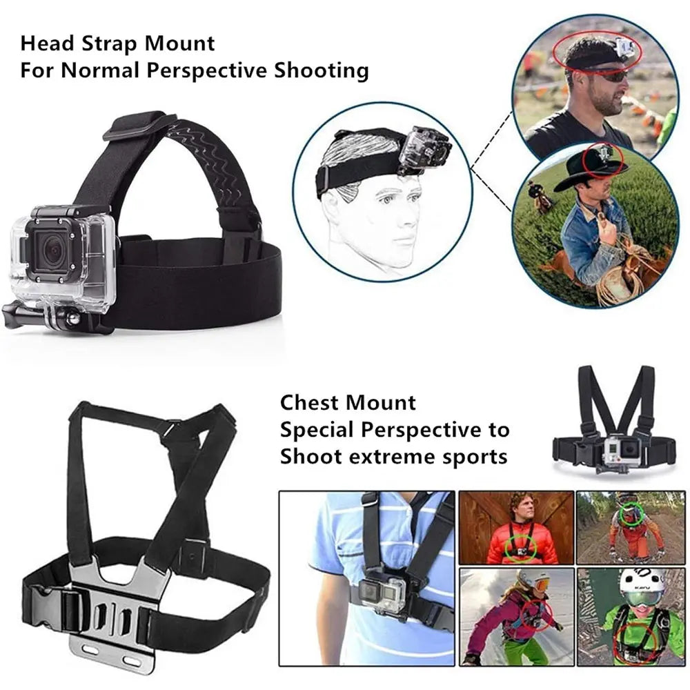 SJCAM 2Pcs Action Camera Accessories Set - Head Strap Mount + Chest Mount Harness, for SJCAM C110Plus/C100Plus/C300/C400/Sj20 SJ4K /Gopro Hero 13 12 11 10 9 8 7 6 5 4/AKASO Ek7000/V50/Brave 7/DJI Action Camera
