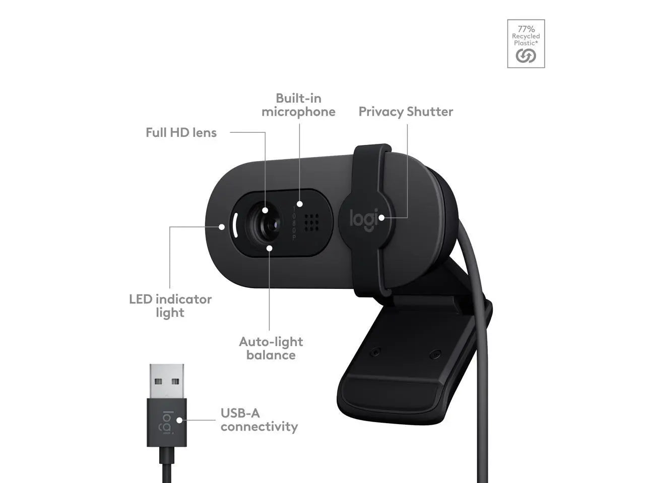 Logitech Brio 100 Full HD Webcam for Meetings and Streaming, Auto-Light Balance, Built-In Mic, Privacy Shutter, USB-A, for Microsoft Teams, Google Meet, Zoom and More - Graphite