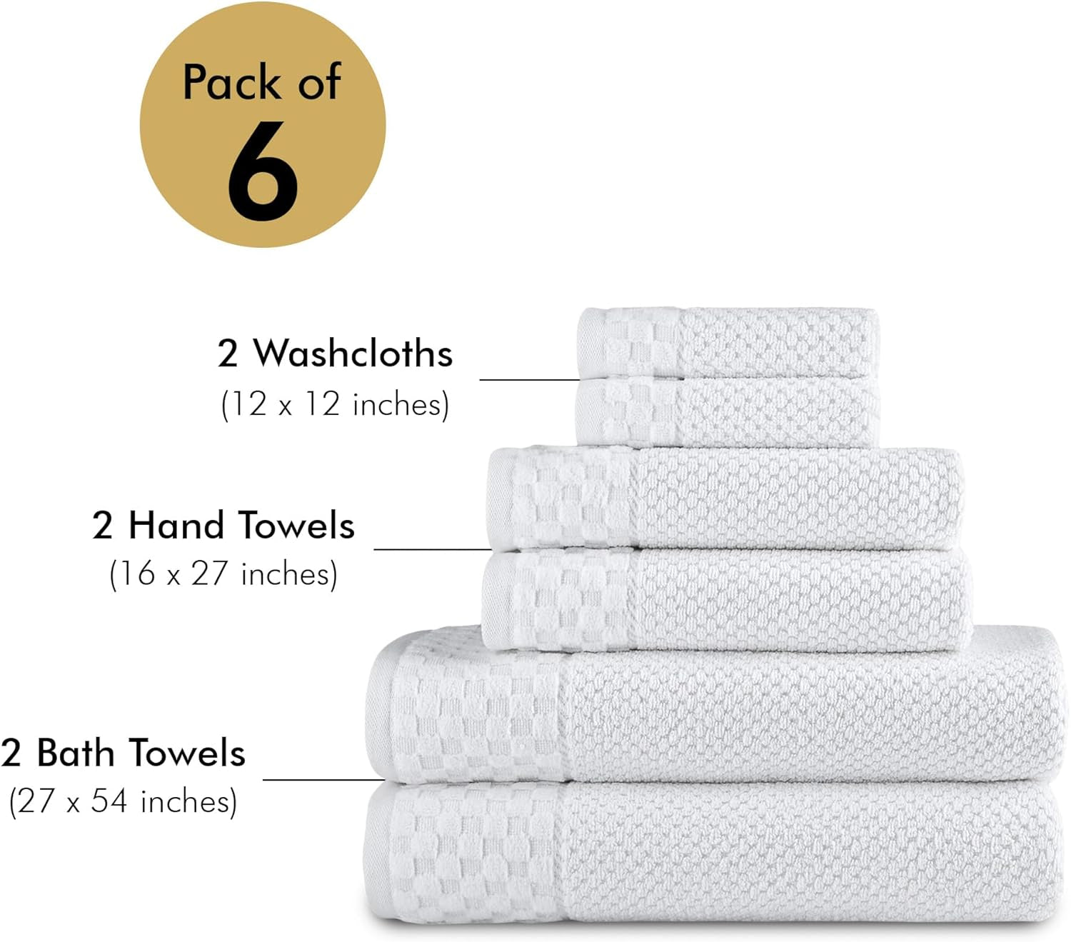 Classic Turkish Towels CTT - Luxury 6 Piece Towel Set, 100% Turkish Cotton, Quick Drying, Highly Absorbent & Comfy, Includes 2 Bath Towels, 2 Hand Towels & 2 Washcloths | (White)