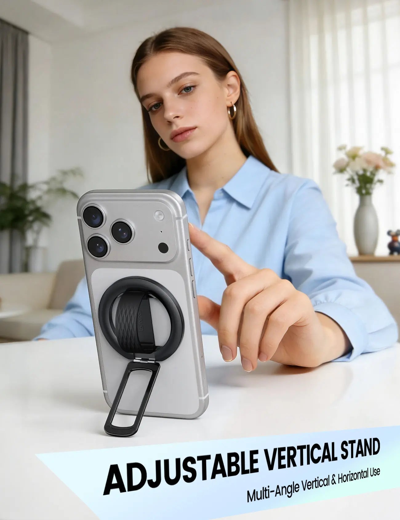 Lamicall Magnetic Phone Grip Holder for Magsafe - [Soft Silicone Loop] Vertical Cell Phone Zinc Alloy Ring Stand Kickstand, Magnet Hand Grip Accessories for Iphone 12-17 Series, Other with Metal Ring