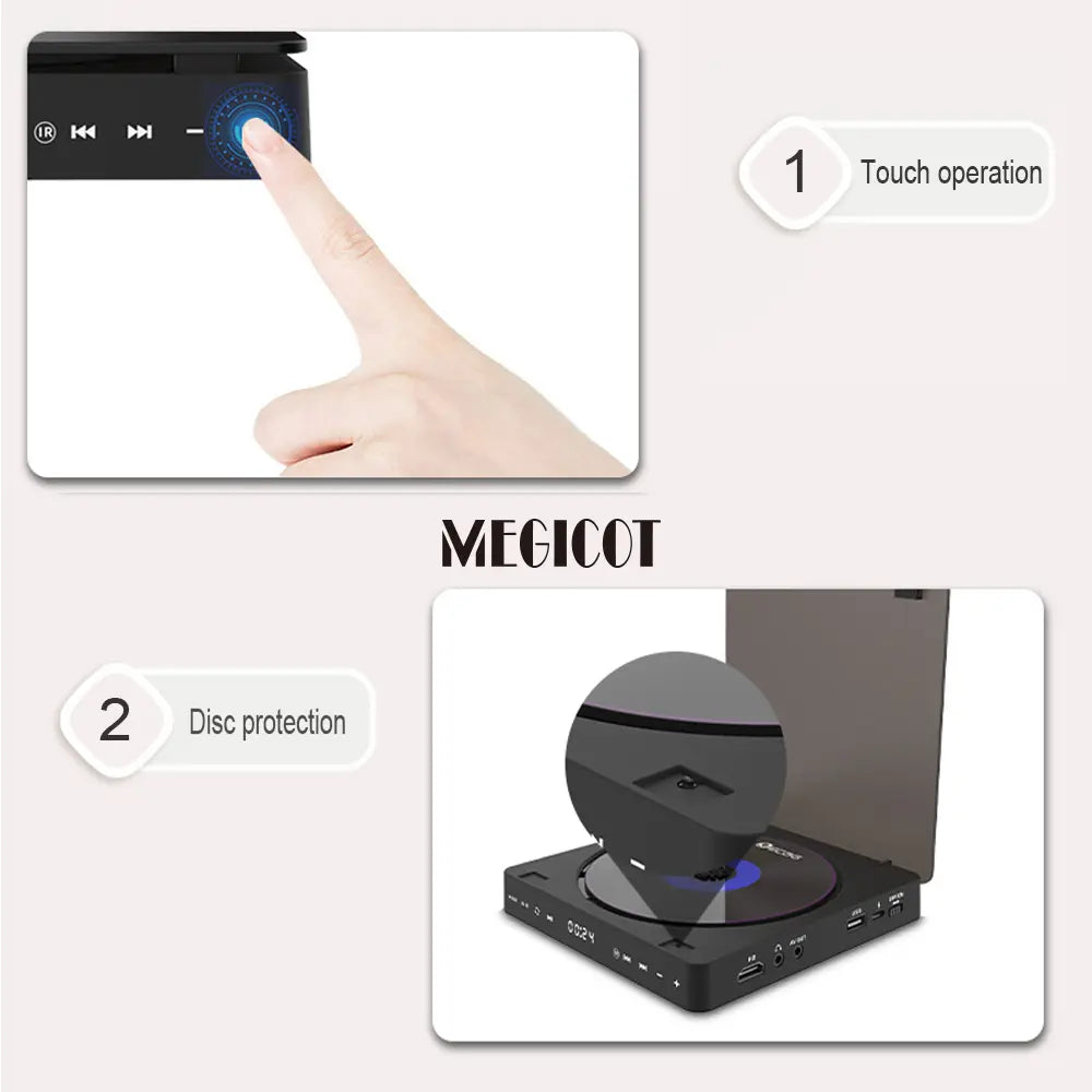 MEGICOT Mini DVD Player for TV with HD AV Port Touch Button Remote Control, All Region Free, Support CD DVD VCD USB Flash HD Video Playback Players for Home