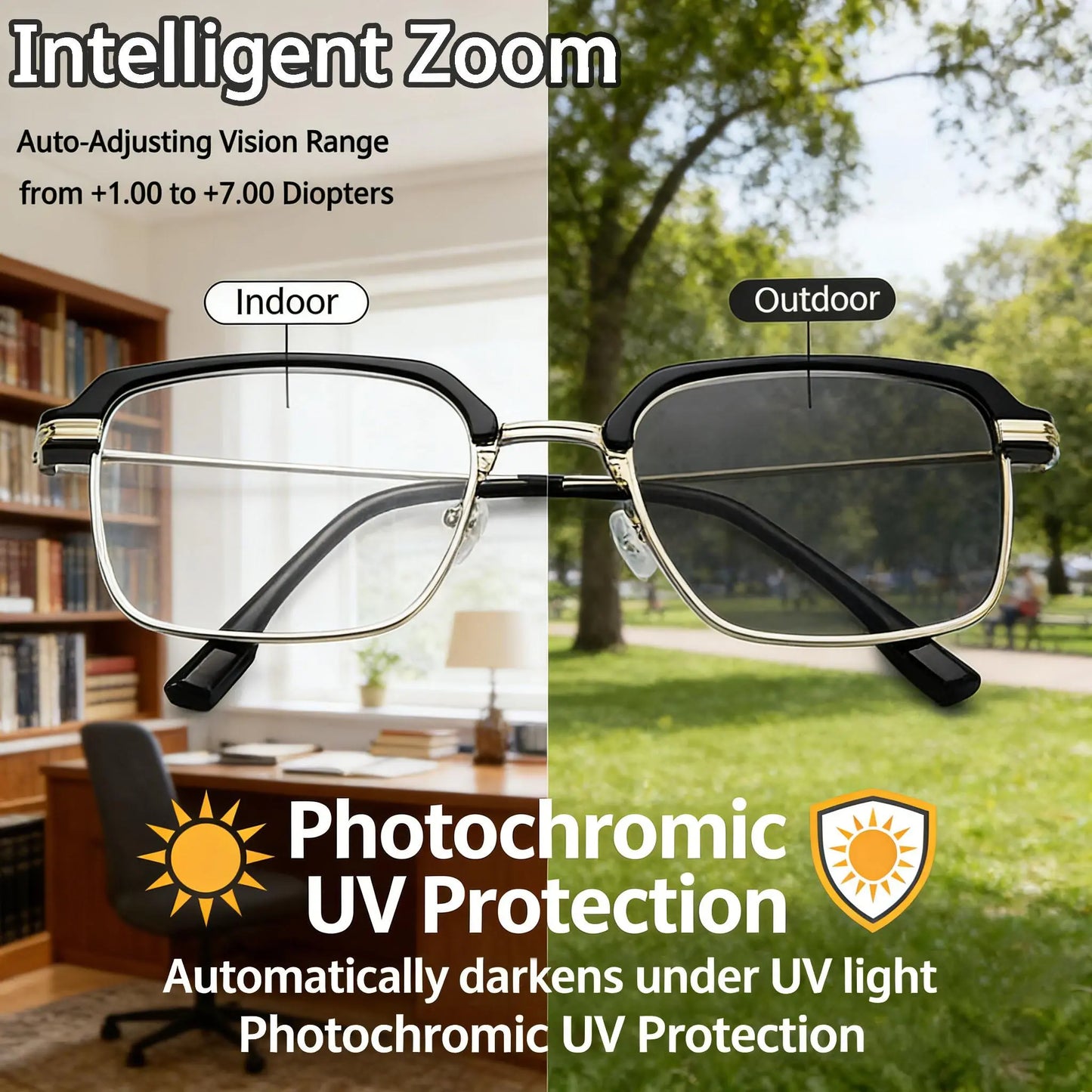 Frameless Smart Zoom Reading Glasses! Auto - Adjust +1.00 - 7.00 Diopters. Blue Light Filter for HD Eye Protection. Unisex with Soft Silicone Nose Pads, Comfortable, Lightweight, Durable, Convenient & Fashionable.
