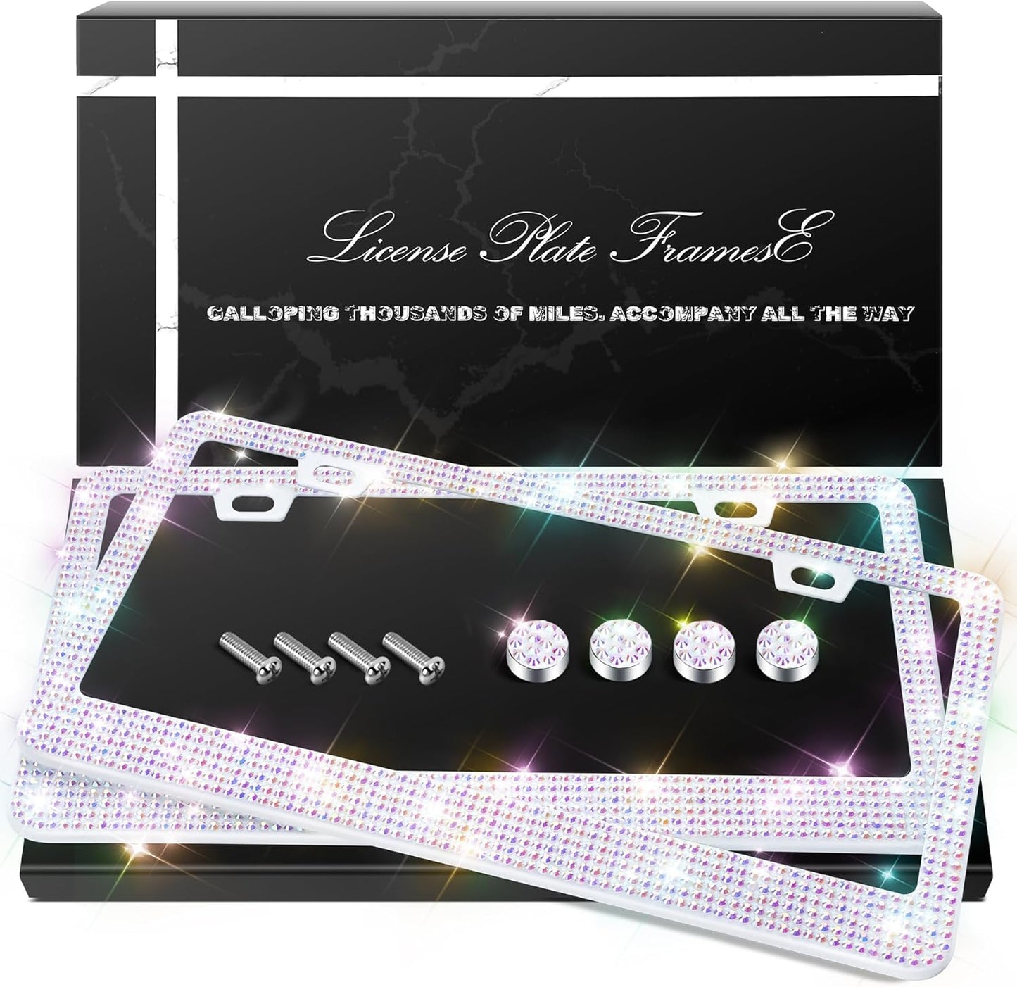 QUANQIUFEI 2 Pack Bling License Plate Frames, Sparkly Rhinestone Diamond Car License Plate Cover for Women, Stainless Steel Car Accessories with Glitter Crystal Caps (Black)
