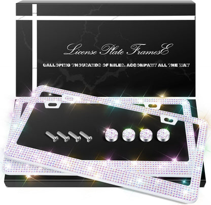 QUANQIUFEI 2 Pack Bling License Plate Frames, Sparkly Rhinestone Diamond Car License Plate Cover for Women, Stainless Steel Car Accessories with Glitter Crystal Caps (Black)