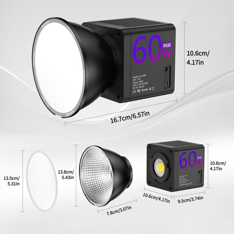 RGB COB Video Light - Compatible with Tripod - 60W USB Charging - Wireless Fill Light, 24 Scene Modes, 13400Mah Battery (5-Hour Battery Life) Suitable for Vlogs, Live Streaming, Photography, and Professional Studio Lighting