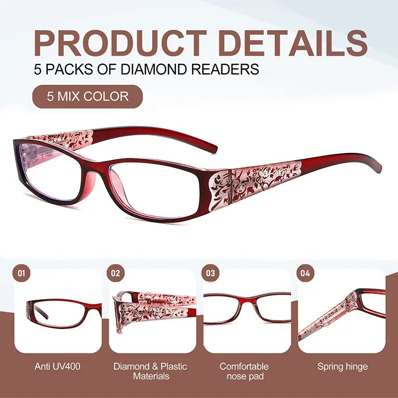 5Pcs Reading Glasses Women Blue Light Blocking Designer Computer Square Reader Spring Hinge Eyewear Lens Fashion Glasses