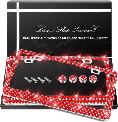 QUANQIUFEI 2 Pack Bling License Plate Frames, Sparkly Rhinestone Diamond Car License Plate Cover for Women, Stainless Steel Car Accessories with Glitter Crystal Caps (Black)
