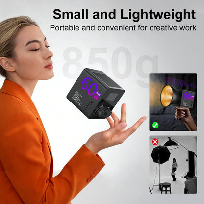 RGB COB Video Light - Compatible with Tripod - 60W USB Charging - Wireless Fill Light, 24 Scene Modes, 13400Mah Battery (5-Hour Battery Life) Suitable for Vlogs, Live Streaming, Photography, and Professional Studio Lighting