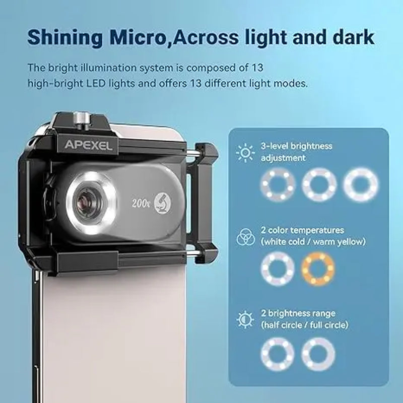 【Holiday Haul】Apexel 200X Mobile Phone Microscope with CPL Lens for Iphone & Android - Portable Pocket Microscope for Industrial Inspection & Nature Observation, Rechargeable Battery, Christmas Gift